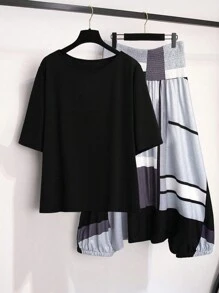 SHEIN LUNE Große Größen Sommer 2-teiliges Set: Einfaches Kurzarm T-Shirt & Rock, minimalistisch für Lässig-/Alltagstragen