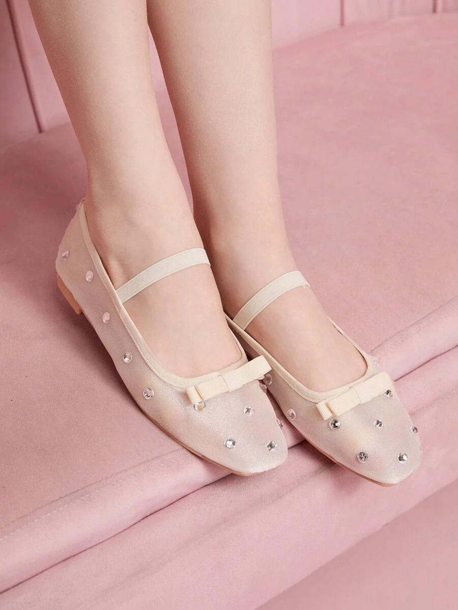 CUCCOO DOLLMOD Fashionable Apricot Color Full Rhinestone Net Mesh Mary Janes Ballet Flats, Cute & Sweet For School/Student Spring Shoes Spring Break Easter - Apricot - View 1