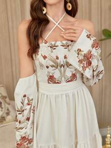 Modelyn Women's Long Crossed Straps Kuwait Pattern Waist A-Line Elegant Romantic Vacation Dress - White - View 6