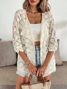 Chiquease Women 3/4 Sleeve Open Front Floral Jacquard Knit Cardigan - Apricot - View 7