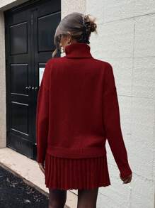 EMERY ROSE 2pcs/Set Women Solid Color Turtleneck Sweater And Pleated Skirt Sets, Casual For Autumn/Winter Fall Cloth For Women - Red - View 2