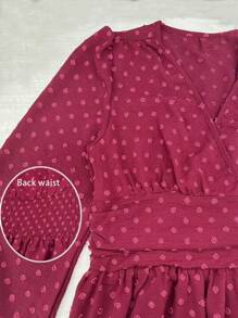 EMERY ROSE 瑞士圆点斜领灯笼袖褶饰腰部连衣裙酒红色长裙女装 - 酒紅色 - 查看 7