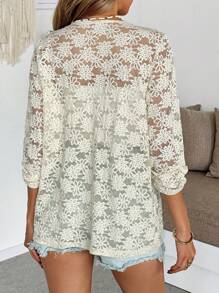 Chiquease Women 3/4 Sleeve Open Front Floral Jacquard Knit Cardigan - Apricot - View 2