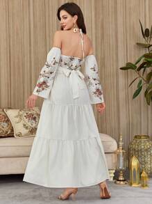 Modelyn Women's Long Crossed Straps Kuwait Pattern Waist A-Line Elegant Romantic Vacation Dress - White - View 2