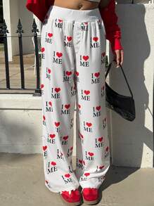 SHEIN EZwear Women's White Background Heart Decor Front Button Casual Wide Leg Pants - Multicolor - View 6