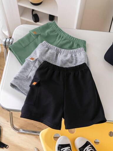 SHEIN 3pcs/Set Young Boys' Casual Comfortable Pocket Patched Decoration Knitted Shorts Set