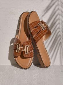 SHUZIA Women's Fashionable Open Toe Brown Slip On Sandals With Gold Embellishments Mother's Day Present Valentine's Day - Brown - View 2