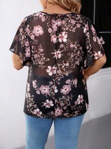 SHEIN LUNE Elegant Commuter Casual Vacation Floral Pattern Fabric Round Neck Ruffle Sleeve Blouse, Fashion Versatile Bestseller In Black And Pink, Plus Size, Spring/Summer/Autumn - Black - View 2