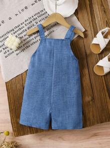 SHEIN Baby Girls 0-3 Years Old Casual Everyday Matching Sleeveless Romper, Lightweight Woven Fabric, Suitable For Outings, Spring/Summer - Blue - View 2