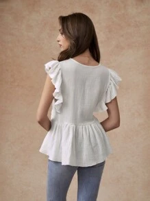 Écloséra Elegant V-Neck Ruffle Sleeveless Blouse, Spring And Summer - White - View 2
