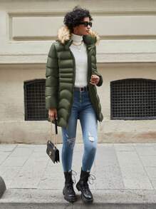 EURMUSE Fuzzy Trim Hooded Puffer Coat - Green - View 5