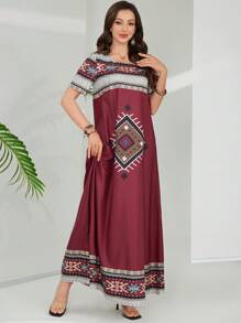 Lacomfia Spring/Summer Round Neck Loose Printed Casual Dress - Red - View 7