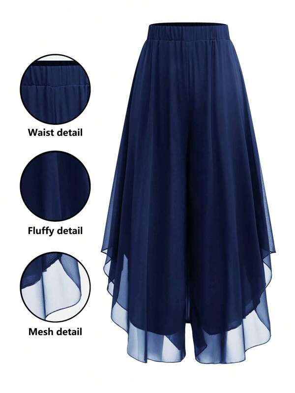 SHEIN Clasi Plus Size Women's Black Asymmetrical Edge Chiffon Wide Leg Pants, Relaxed Casual Vacation Trousers