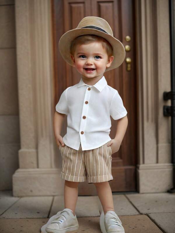 SHEIN 2pcs/Set Baby Boy/Girl Summer Casual Solid Color Short Sleeve Shirt & Striped Elastic Waist Shorts Set, Suitable For Birthday Party, Banquet, Performance, Wedding, Baby Shower And 1st Birthday