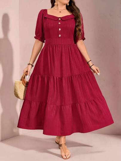 SHEIN Clasi 大码纯色甜心领前纽扣简约短袖连衣裙