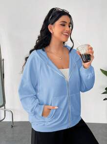 SHEIN EZwear 大码女式海军蓝百搭休闲连帽长袖卫衣，秋冬季 - 藍色 - 查看 5