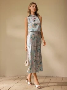 SHEIN Clasi 女士植物印花优雅中长连衣裙