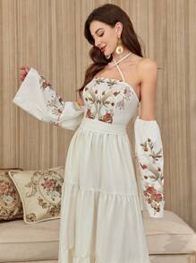 Modelyn Women's Long Crossed Straps Kuwait Pattern Waist A-Line Elegant Romantic Vacation Dress - White - View 4