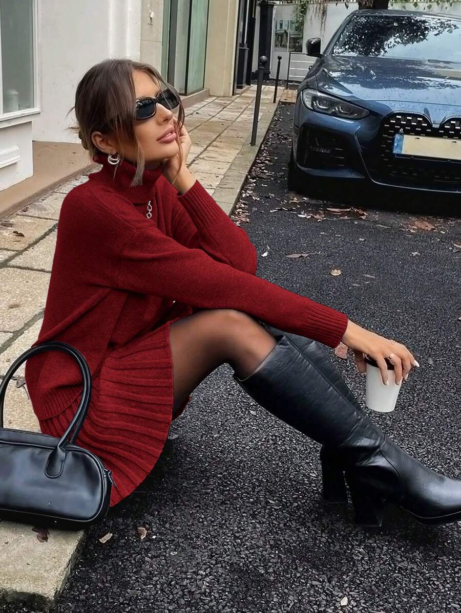EMERY ROSE 2pcs/Set Women Solid Color Turtleneck Sweater And Pleated Skirt Sets, Casual For Autumn/Winter Fall Cloth For Women - Red - View 1