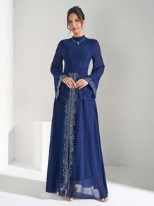 SHEIN Belle 高端晚礼服，水钻装饰奢华优雅派对长裙婚礼宾客礼服，女士 - 藏蓝色 - 查看 7