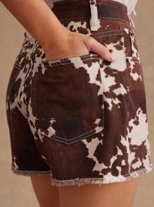 WESTFADE Western Cow Print Fray Hem Denim Shorts Cute Fall Clothes For Women Country Concert - Brown - View 2
