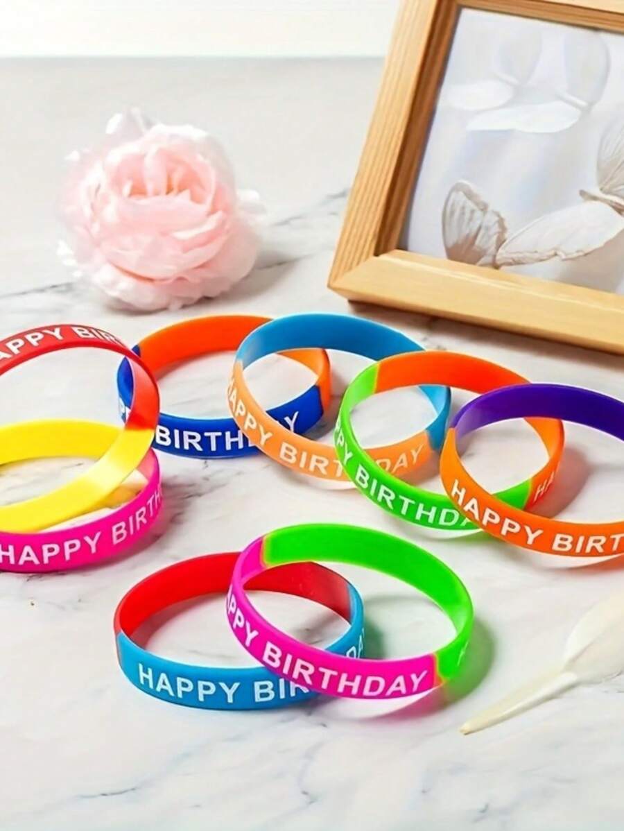 5/10/20pcs Colorful Happy Birthday Inspirational Rubber Bracelet Colorful Printed Silicone Wristband Festival Party Supplies Color Random Christmas - Multicolor - View 1