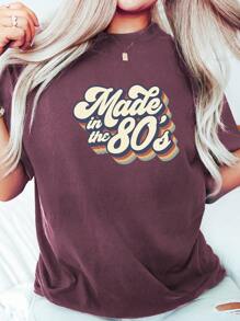 EMERY ROSE Plus Slogan Graphic Tee, Made In The 80's, Women Summer Top - Mauve Purple - View 1