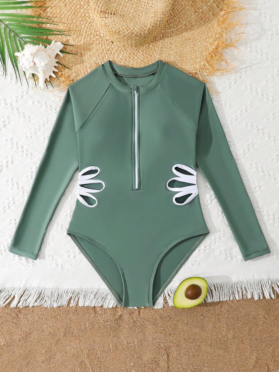 SHEIN 1 件青少年女孩简约时尚休闲连体泳衣日常穿着 - 橄欖綠 - 查看 1