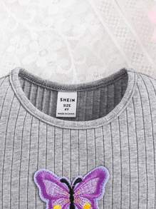 SHEIN Leap Crew Young Girl Knitted Plain Round Neck Butterfly Decor Slim Fit Casual Dress - Grey - View 3