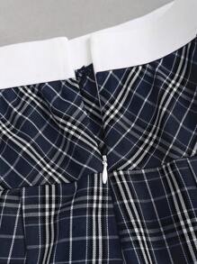 Sweetra 2pcs/Set: Solid Color Polo Collar Crop Top & Plaid Print Pleated Skirt Y2K Outfit  - Multicolor - View 4