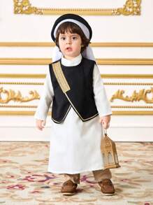 SHEIN Leap Crew 2pcs/Set Baby Boy Adorable Casual & Luxurious Black Vest + White Long Robe Outfit, Suitable For Birthday Party, Evening Event, Performance, Wedding, Baby Shower, Christening And 1st Birthday Celebration - Multicolor - View 9