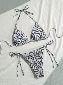 SHEIN Swim Springbreak 2025 Women's Random Print Ruffled Swimwear Set