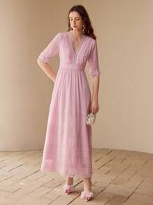 MOTF VESTIDO ESCOTE EN V CON ENCAJE CONTRASTANTE - Rosa Pálido - Ver 5