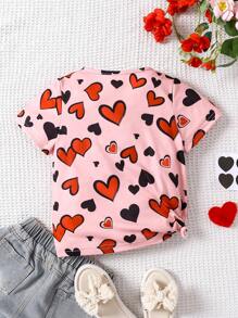 SHEIN Young Girls Valentine's Day Casual Heart Print Short Sleeve T-Shirt