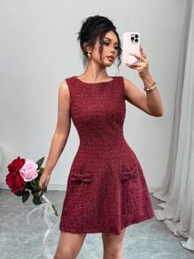 Elenzga Women Elegant Vintage Metallic Fiber Valentines Party Wine Red Tweed Waist-Cinched Peplum Hem Mini Dress