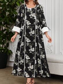 Al Najma V 领亚麻印花前条纹喇叭袖宽下摆阿拉伯连衣裙，端庄 - 彩色 - 查看 7