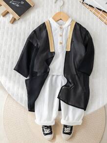 3pcs Baby Boy Summer Casual Elegant Black Mid-Length Robe, Including White Collared Short Sleeve Shirt And White Casual Pants 3-Piece Set, Suitable For Birthday Party, Evening Event, Performance, Wedding, Baby Shower, Christening And 1st Birthday Celebration