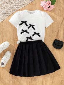 Wildeya Conjunto de 2 piezas de niña compuesto por Camiseta de punto de manga corta con cuello redondo y lazo 3D versátil y elegante + Falda plisada tejida