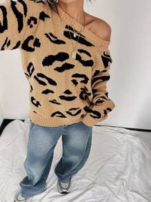 SHEIN EZwear Suéter informal y cálido con cuello redondo y estampado de leopardo, adecuado para otoño/invierno para mujer