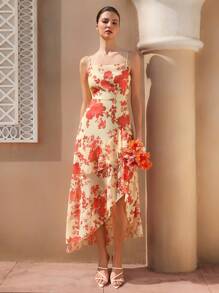 Chiquease Elegant Pale Yellow Floral Chiffon Sleeveless Asymmetrical Hem Waist Cinched Long Dress For Women,Summer Holiday Tea Party Vacation All Over Print - Multicolor - View 5