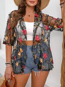 INAWLY Plus Size Women's Mesh Loose Short Sleeve Jacket, Casual & Stylish For Daily Wear For Summer - Multicolor - View 5