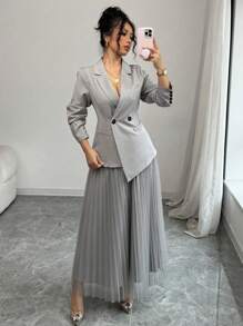 Elenzga Conjunto de blazer y falda de malla de corte regular y elegante para mujer, versátil para el trayecto al trabajo y uso en todas las estaciones. - Gris - Ver 3