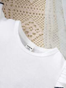 SHEIN Playful Pals 2 件套女婴休闲学院风盖袖上衣和吊带裙套装，适合夏季、度假 - 彩色 - 查看 3