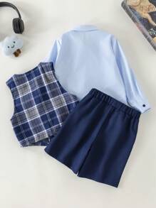 PrepCrw Young Boys' Spring/Summer Green Plaid Vest, Shirt & Shorts Coordinated Outfit - Blue - View 2