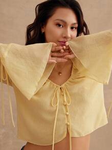 WESTFADE Summer Chiffon Bow Tie Front V Neck Long Bell Sleeve Top Beach Vacation Outfits