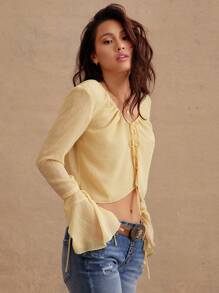 WESTFADE Summer Chiffon Bow Tie Front V Neck Long Bell Sleeve Top Beach Vacation Outfits