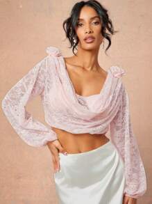 L'Amorae Summer Women, Women, Elegant Romantic Sheer Lace Long Sleeve Cowl Neck Backless Crop Blouse With 3D Flowers, Women Blouses, Summer Tops, Long Sleeve Top, Crop Top, Pink Top. For Date Night, Concerts, Performances, Parties, Clubs, Music Festivals, Vacation, Wedding