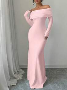 Rafferiza Sexy Elegant Fitted Long Sleeve Cinched Waist Double Layer Off-Shoulder Backless Twist Fishtail Hem Ribbed Knit Dress, White, Autumn/Winter Maxi Women Outfit