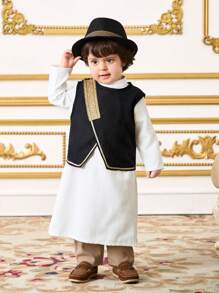 SHEIN Leap Crew 2pcs/Set Baby Boy Adorable Casual & Luxurious Black Vest + White Long Robe Outfit, Suitable For Birthday Party, Evening Event, Performance, Wedding, Baby Shower, Christening And 1st Birthday Celebration - Multicolor - View 1