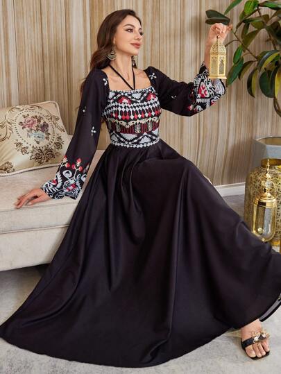 Al Najma Women's Long Halter Neck Pattern Elegant A-Line Dress